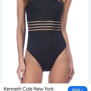 Kenneth Cole Black Sheer Stripe Swimsuit size medium